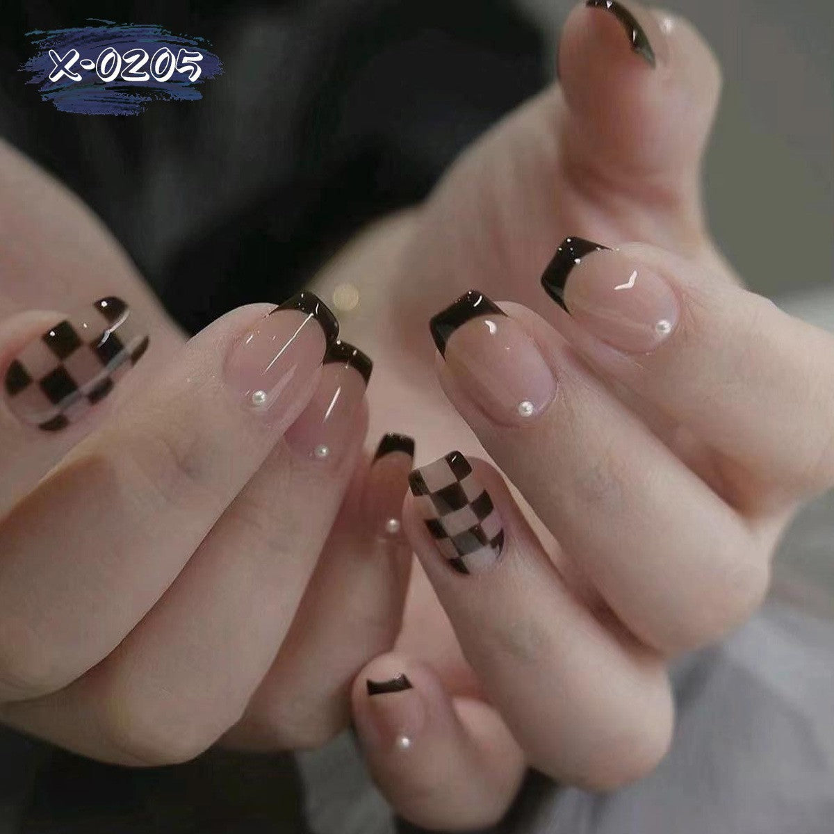 Trendige Schachbrett-Französische Spitze Nagelkunst Set