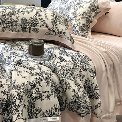 Elegantes Bettwäsche-Set aus hochwertigem Baumwollsatin mit feinem Toile-de-Jouy-Motiv und Satinbordüre