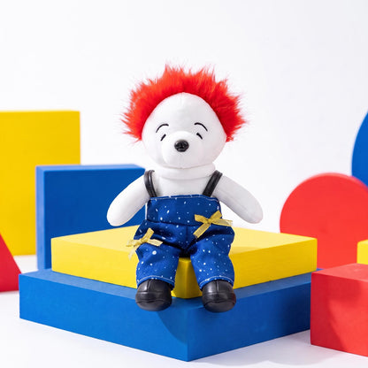 Plüschbären-Charakterpuppe mit Kunstfell-Mohawk und Latzhose Brehn