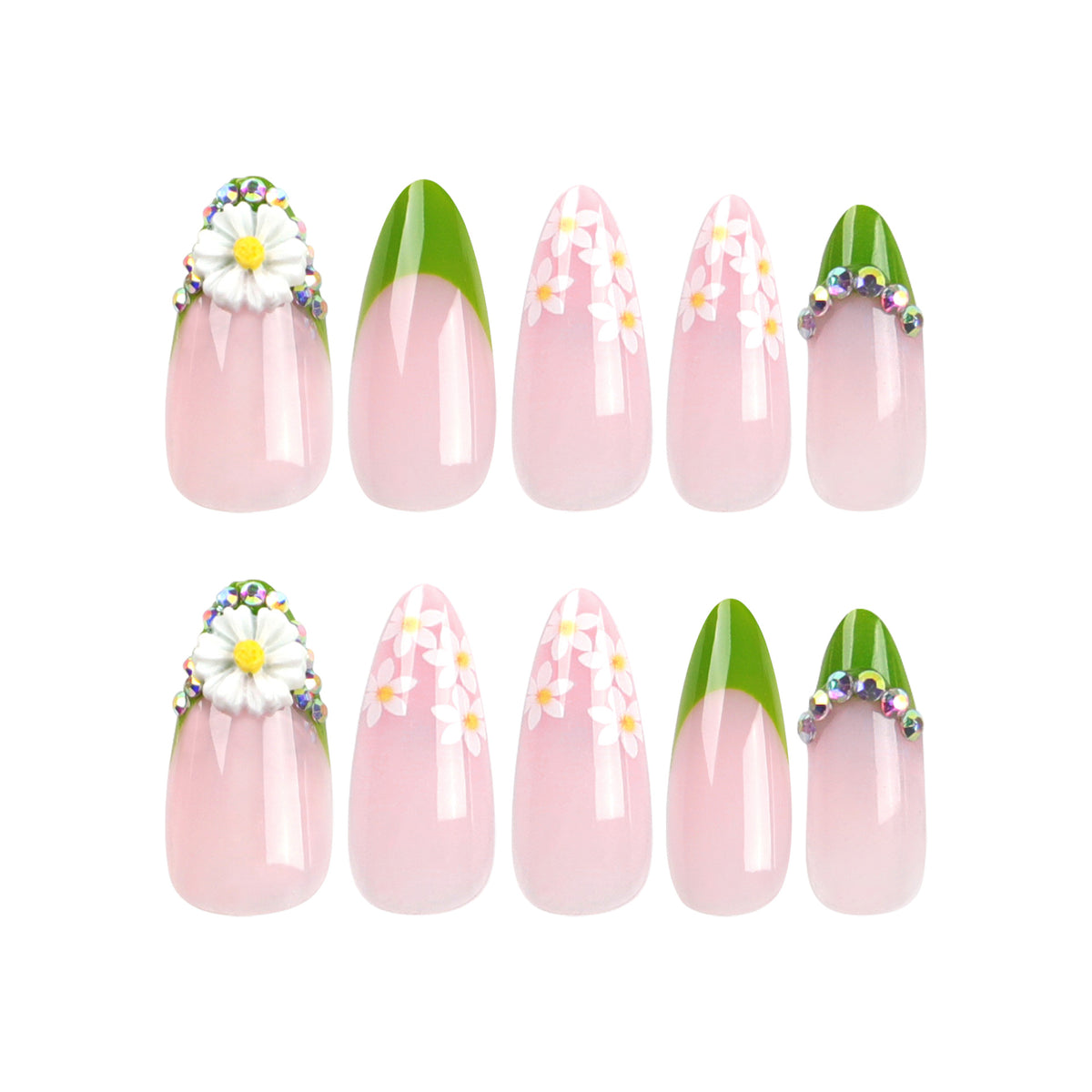 Kunstnägel mit floralen Akzenten und grünem French-Tip Brehn