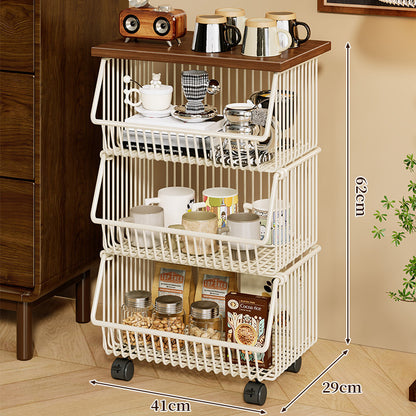 Mobiler Küchenregalwagen mit vier Etagen und Holzplatte sowie rollenden Drahtkörben