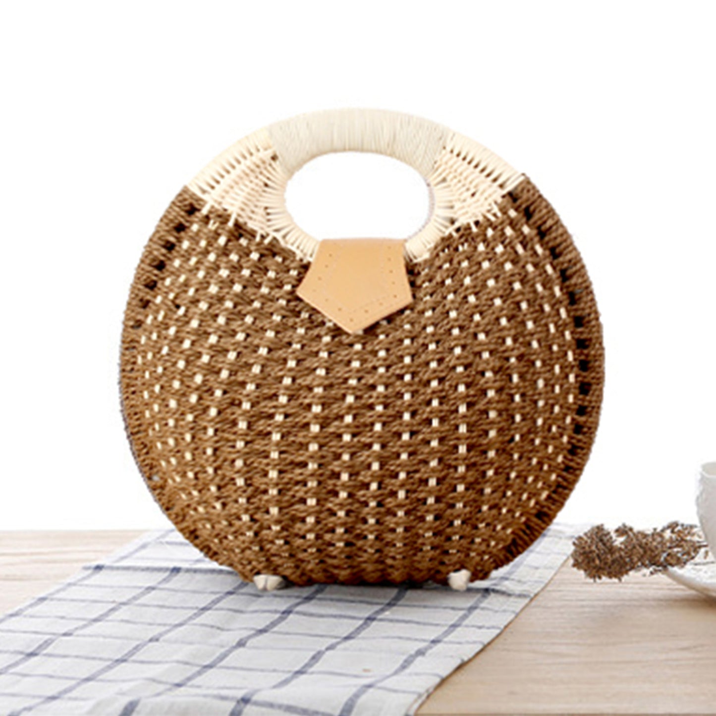 Runde Basttasche mit Elegantem Ledergriff Brehn
