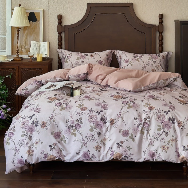 Bettwäsche-Garnitur aus Baumwollsatin mit floralem Aquarellrosen-Print und Wendefunktion