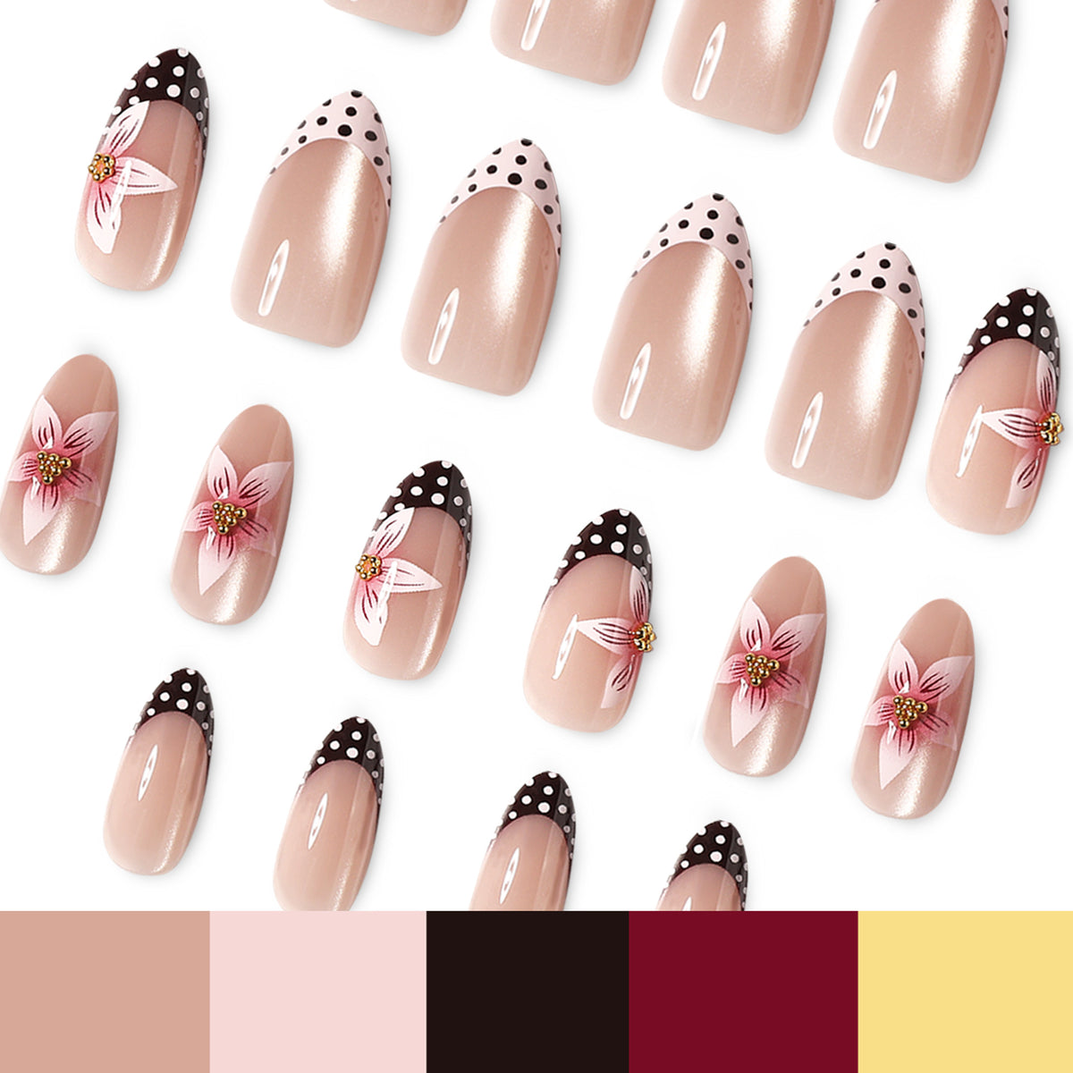 Kunstvolle Nagelverlängerungen mit Blüten- und Punktedesign Brehn