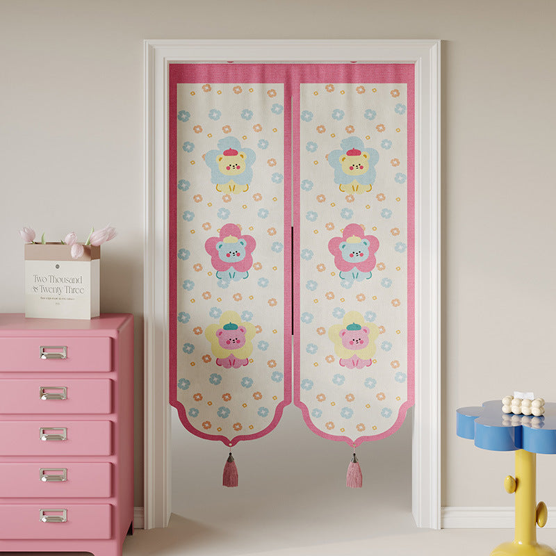 Kids Decorative Split Doorway Noren Curtain with Tassels and Cartoon Floral Lion Print