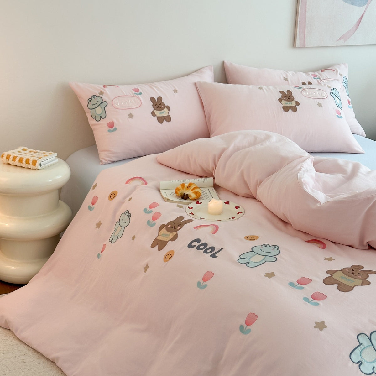 Baumwoll-Bettwäsche-Set mit gesticktem Donut-Motiv und Kissenbezügen Brehn