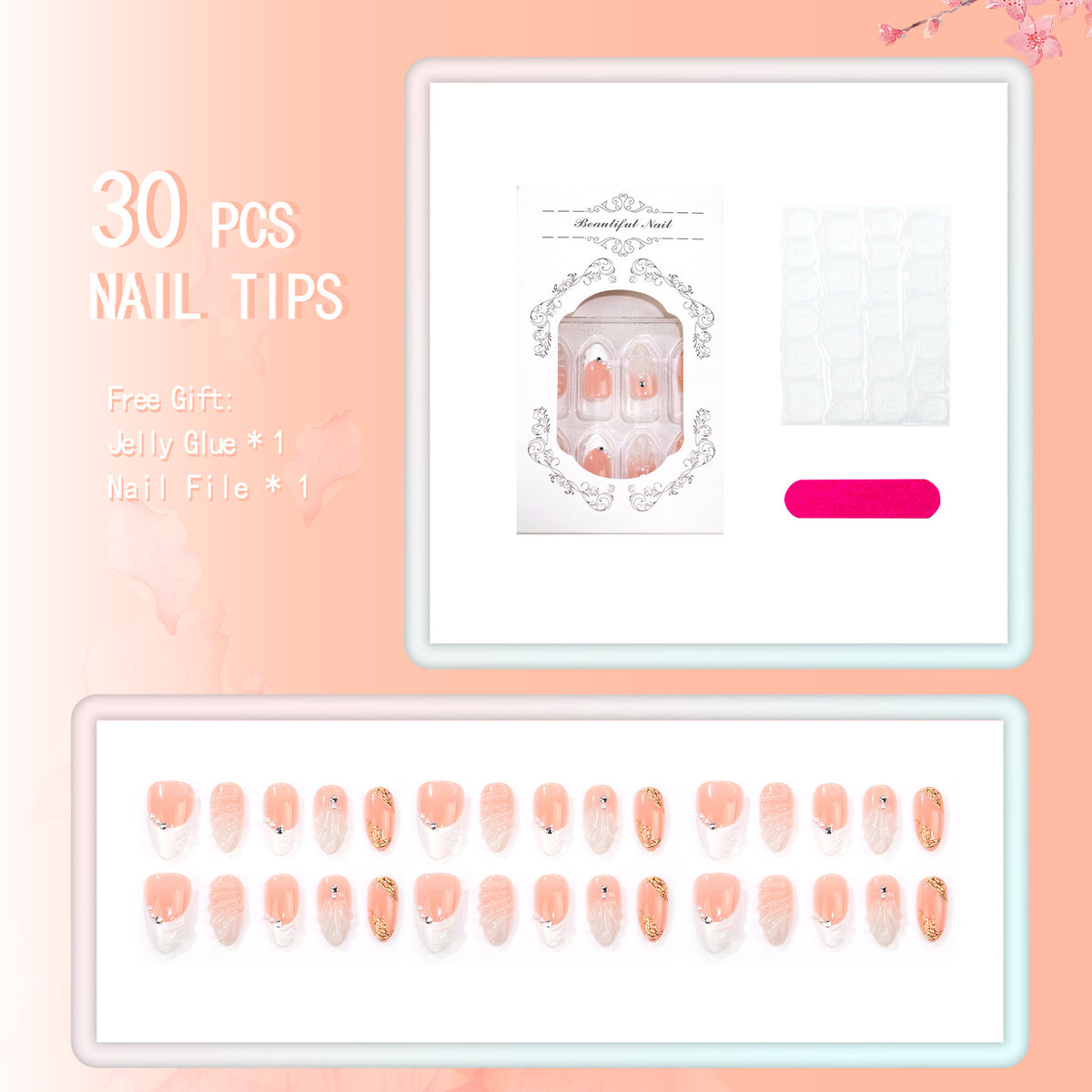 Elegantes Press-On Nagelkunst-Set mit Perlen- und Blumenschmuck