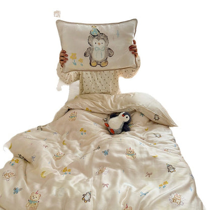 Seidiger Satin gesteppte Bettüberwurf-Set mit Cartoon-Tierdruck und passenden Kissenbezügen