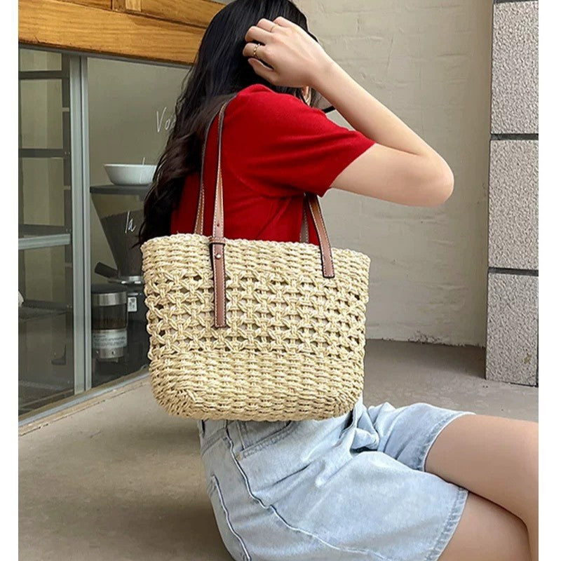 Handtasche Aus Natürlichem Makramee mit Veganen Ledergriffen Brehn