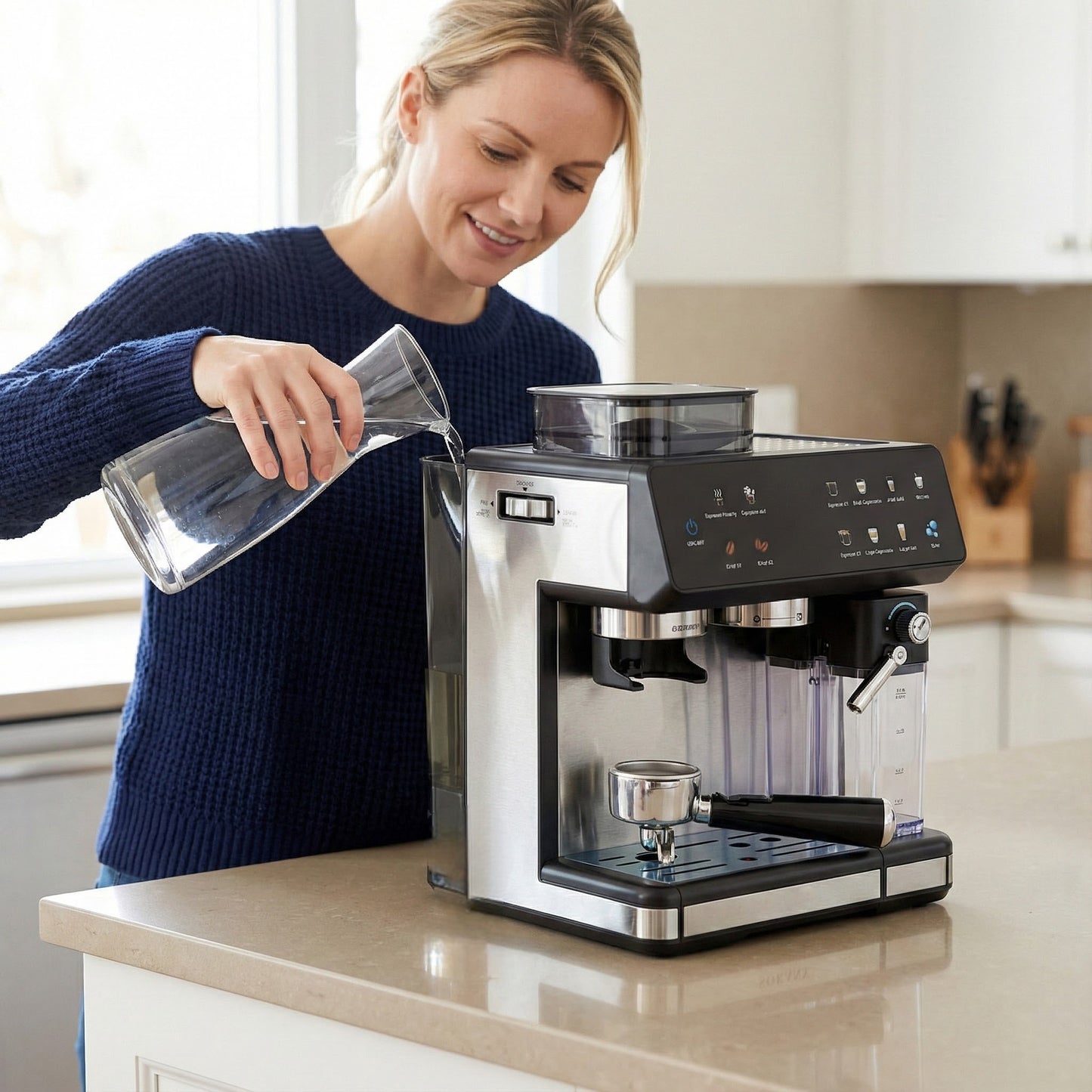 Espressomaschine mit Integriertem Mahlwerk, Automatischer Temperaturregelung und Programmierbaren Kaffeestärken Brehn