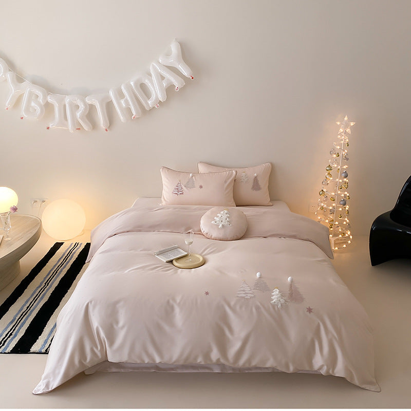 Besticktes Pom-Pom Baumwollsatin Bettwäsche Set mit dekorativem runden Kissen