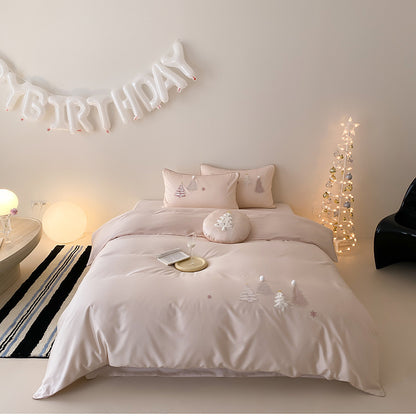 Besticktes Pom-Pom Baumwollsatin Bettwäsche Set mit dekorativem runden Kissen