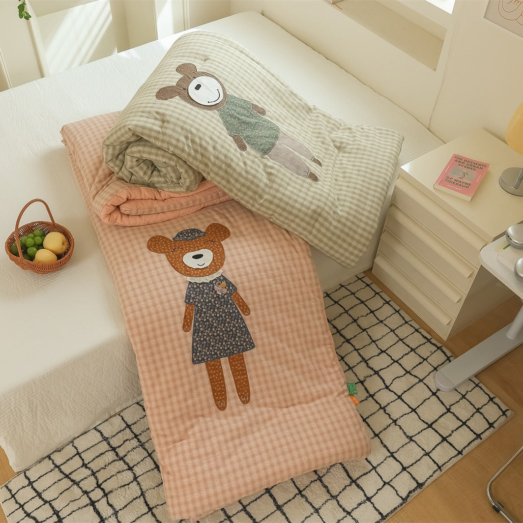 Kinder Stepp-Gingham Bettbezug Set mit Applikationsbär-Motiv