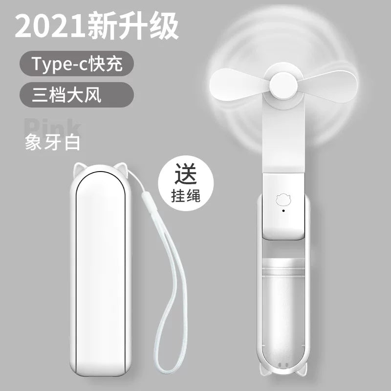 Unisex Einheitsgröße faltbarer wiederaufladbarer Dreifach-Handheld-Mini-Ventilator mit integriertem Powerbank USB-C und USB-A Anschlüssen sowie Handgelenksschlaufe Brehn