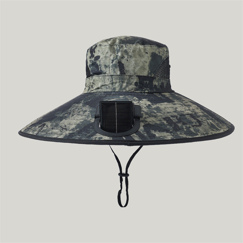 Breite-Krempe Outdoor Sonnenhut mit solarbetriebenem Mikroventilator, atmungsaktivem Mesh und verstellbarem Kinnriemen Brehn