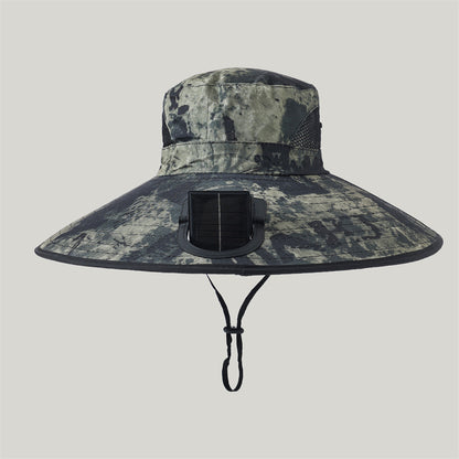 Breite-Krempe Outdoor Sonnenhut mit solarbetriebenem Mikroventilator, atmungsaktivem Mesh und verstellbarem Kinnriemen Brehn
