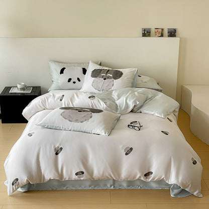 Wendbare Baumwollsatin-Bettgarnitur mit minimalistischen Panda-Gesichtern
