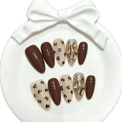 Künstlerisches Press-On Nagelset mit Strass und Leopardenmuster