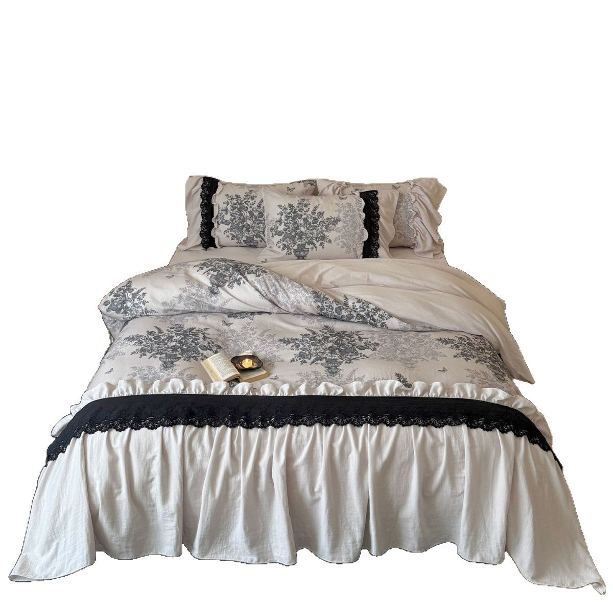 Bettwäsche‑Garnitur im Toile‑Vintage‑Stil mit Volant, Spitzenbordüre und Bettrock