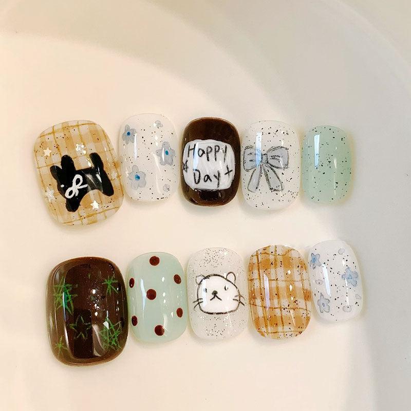 Künstlerisches katzenmotiviertes Press-On-Nagelkunstset Brehn