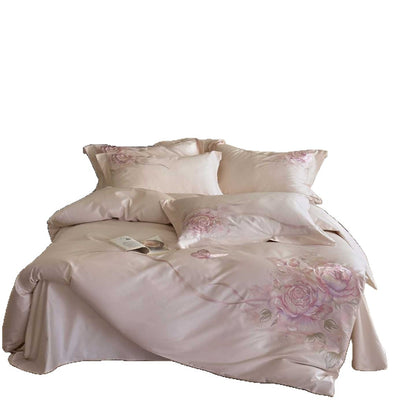 Luxuriöser Seidenglatte Floral Bestickter Bettbezug & Kissenbezug Set