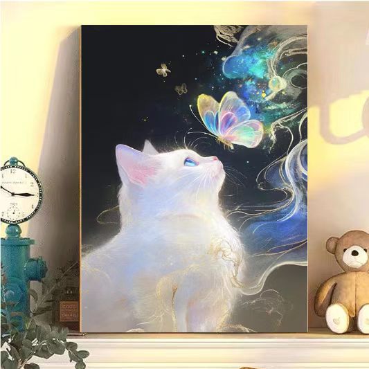 Verzaubernder Katzen- und Schmetterlings-Kunstdruck Brehn