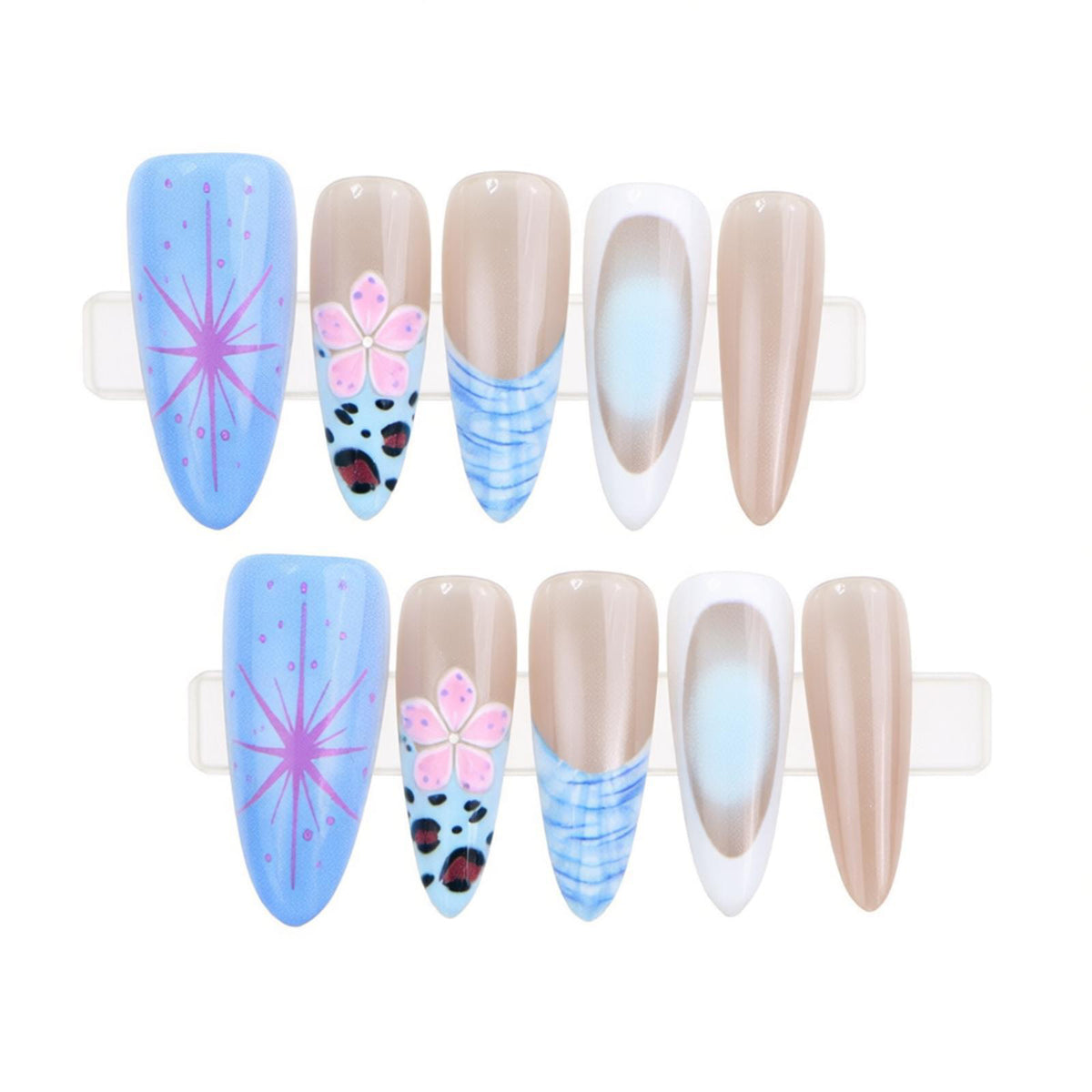Künstlerisches Stiletto Press-On Nagelset mit floralen und abstrakten Mustern Brehn