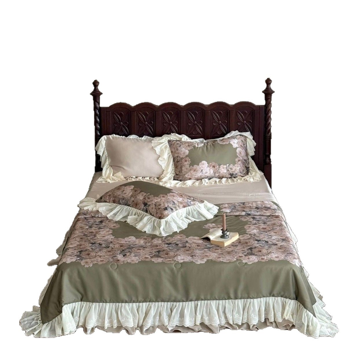 Vintage-inspirierte Satin-Bettwäsche mit aufwendig gerüschten Volants und Rosenstickerei