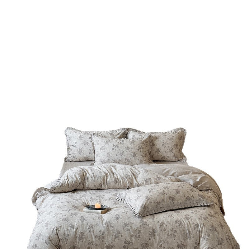 Bettwäsche-Garnitur im Vintage-Look aus Leinen-Baumwollmix mit feinem Blumenprint, Rüschenbordüre und Wendefunktion
