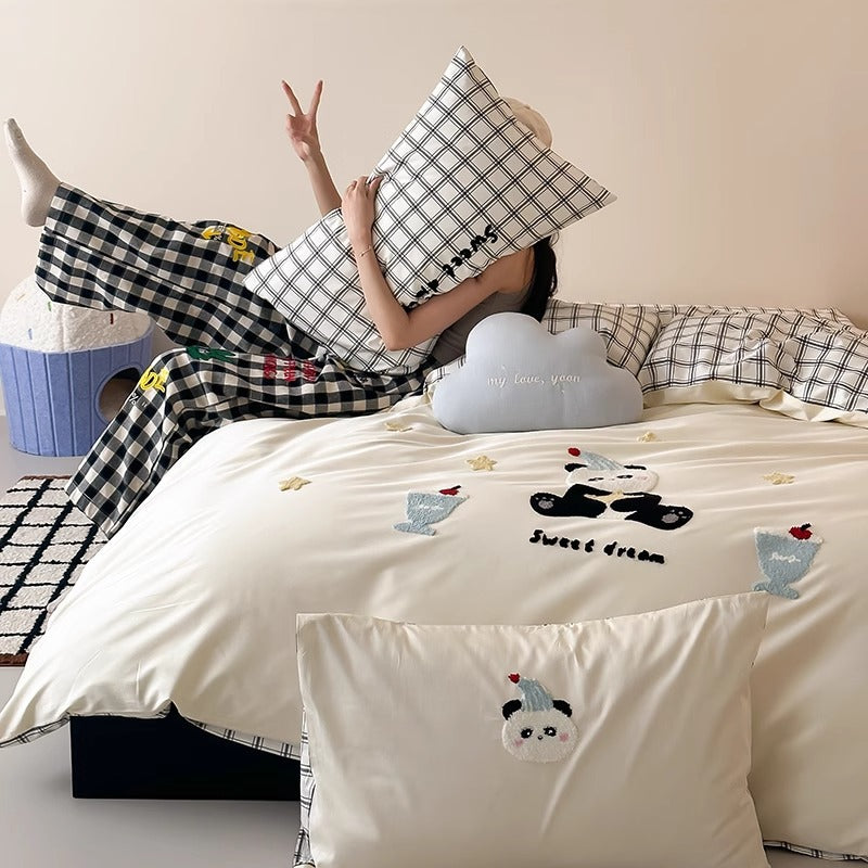 Bestickte Baumwollsatin Bettbezug Set mit Applikation Hasen und Punkte Kissenbezüge