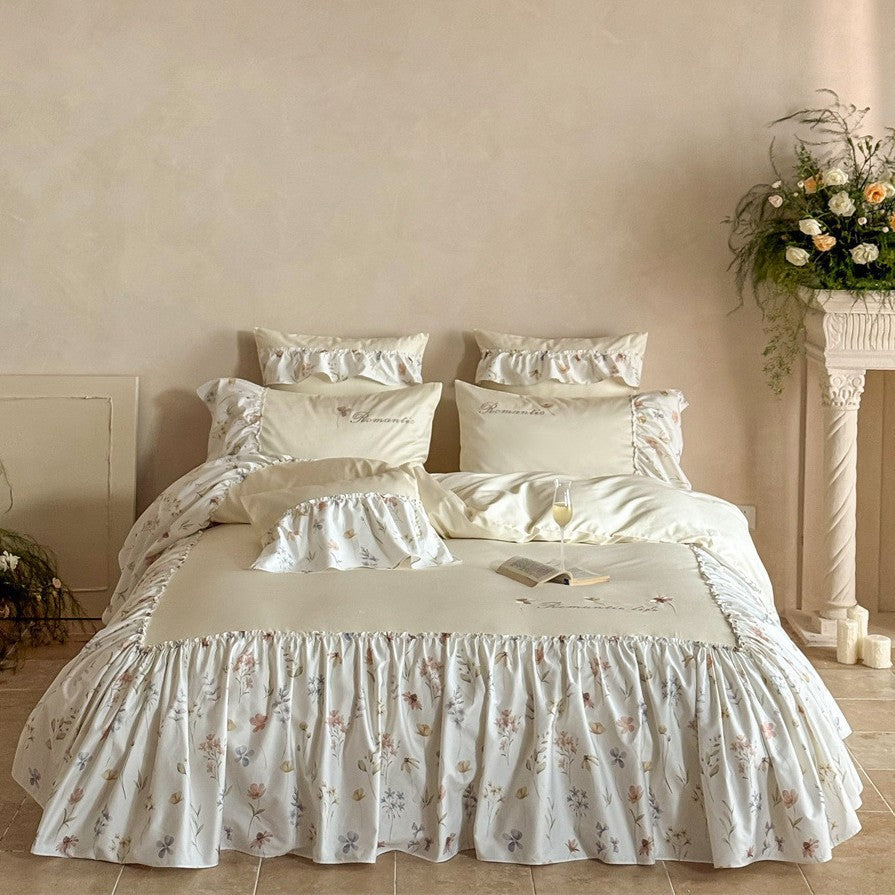 Rüsch Floral Baumwolle Sateen Bettwäsche Set mit Kissenbezügen und Bettrock