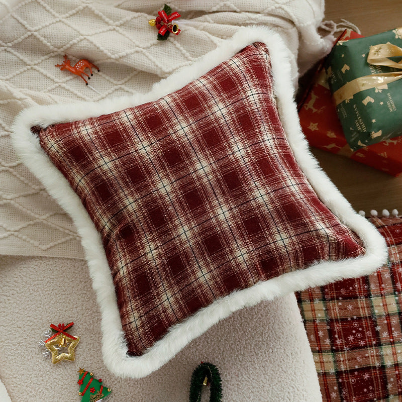 Quadratischer Sofa‑Zierkissenbezug im klassischen Tartan‑Design mit Teddybordüre Brehn