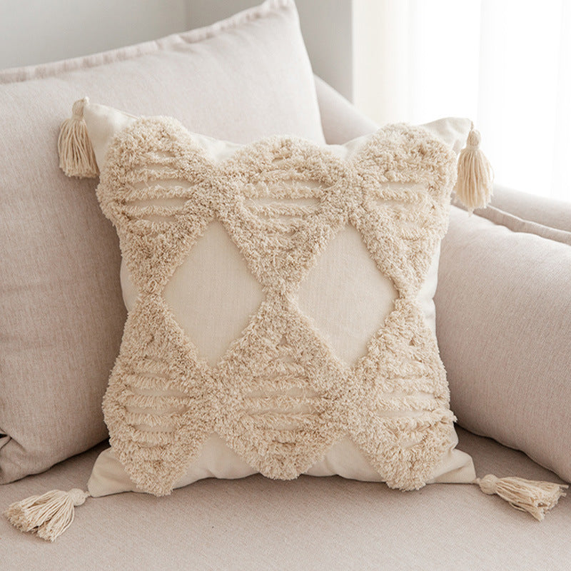 Quadratischer Zierkissenbezug im Boho‑Chic mit 3D‑Diamanttufting, Eckquasten und Baumwoll‑Leinen‑Mix Brehn