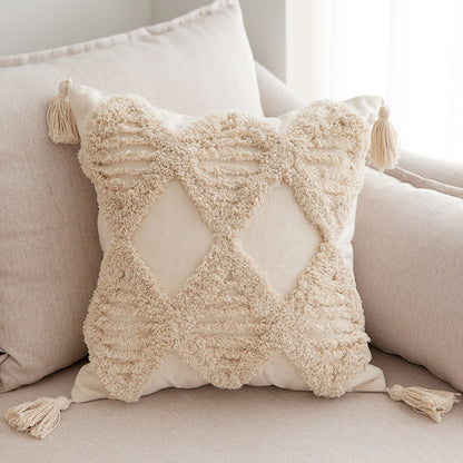 Quadratischer Zierkissenbezug im Boho‑Chic mit 3D‑Diamanttufting, Eckquasten und Baumwoll‑Leinen‑Mix Brehn