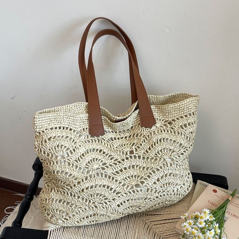 Handgewebte Makramee-Tasche mit Ledergriffen Brehn