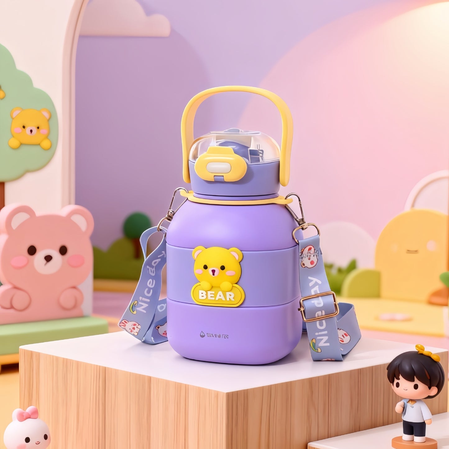 Damen Isolierte Trinkflasche mit integriertem Tragegurt und Tiermotiv Brehn