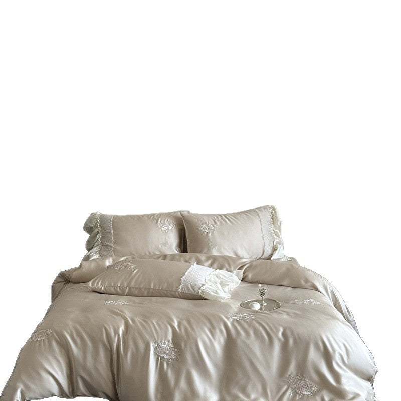 Bestickte Satin-Bettbezugset mit Rüschenspitze-Kissenbezügen