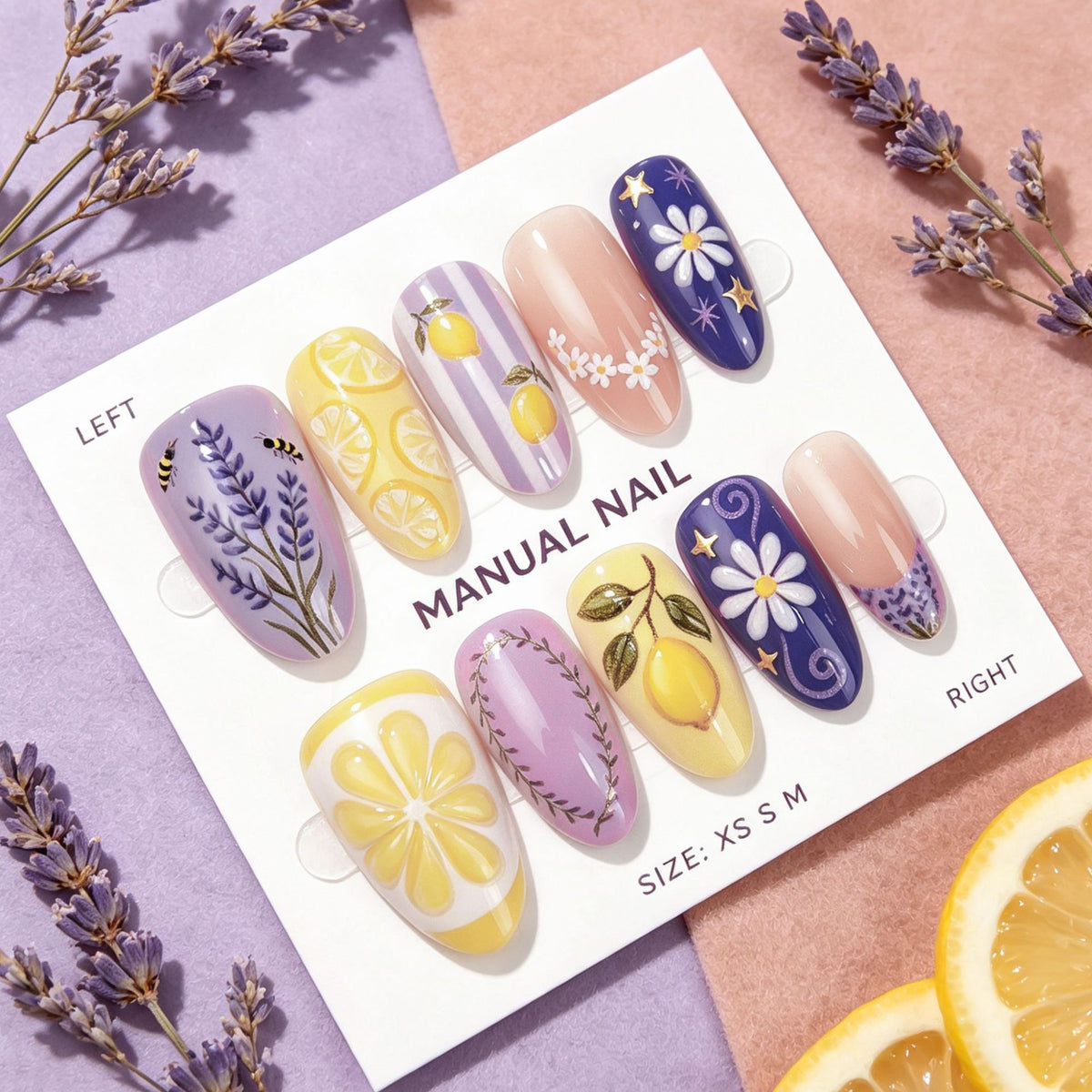 Manuelles Nagelkunst-Set mit floralen und Zitronendesigns