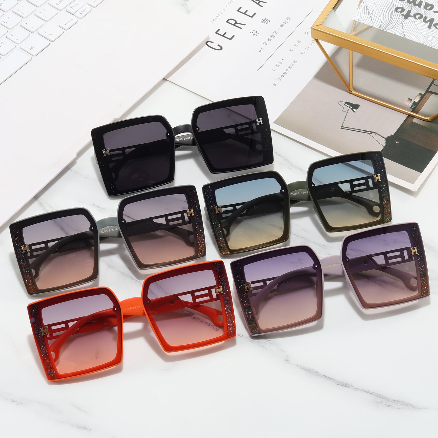 Damen modische Sonnenbrille mit extravagantem, rechteckigem Rahmen Brehn