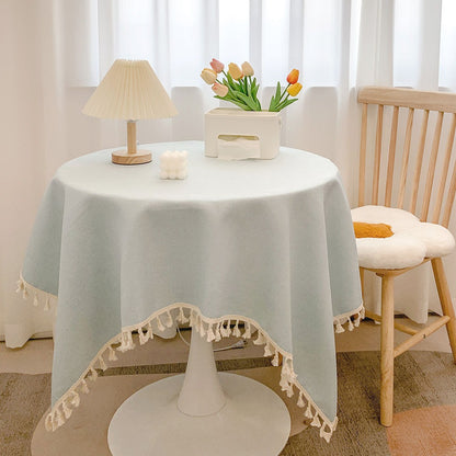 Runde strukturierte Tischdecke mit Quastenbesatz und Leinen-ähnlichem Drapierfinish