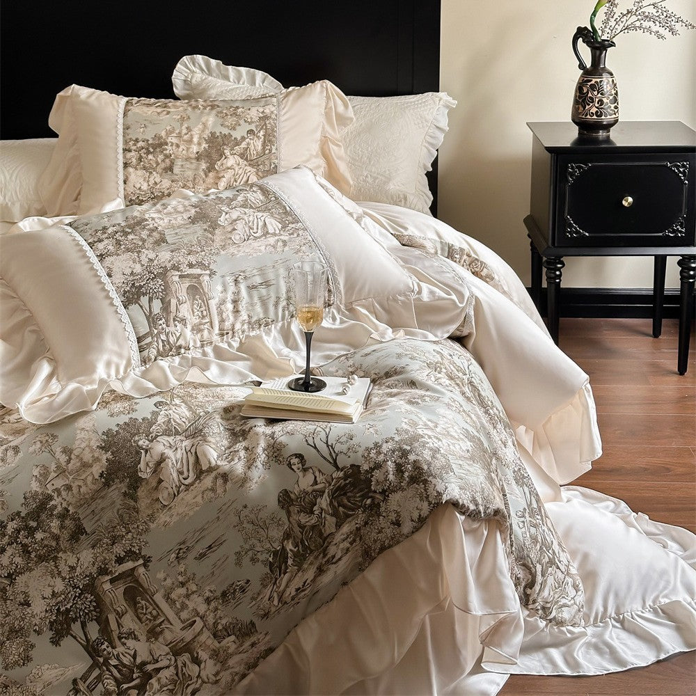 Luxuriöses Satin-Bettwäscheset mit Toile‑Motiv, Volant und Spitzenbesatz