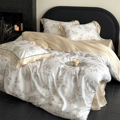 Luxuriöses Aquarell-Rosen-Satin-Duvet-Bezug-Set mit Satin-Rückseite und geflammten Kissenbezügen