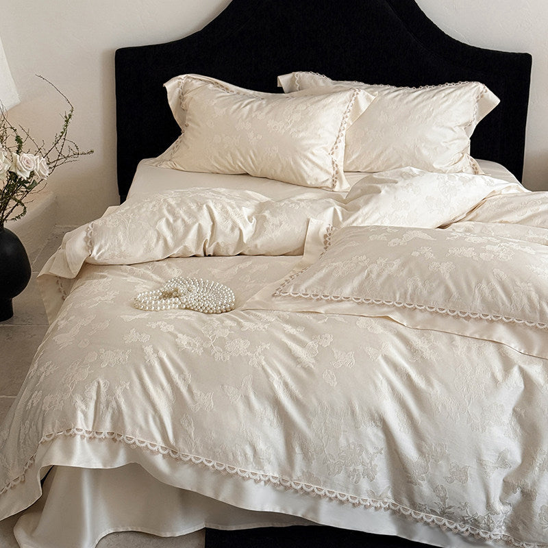 Jacquard Floral Satin-Effekt Bettbezug Set mit gewelltem Spitzenrand