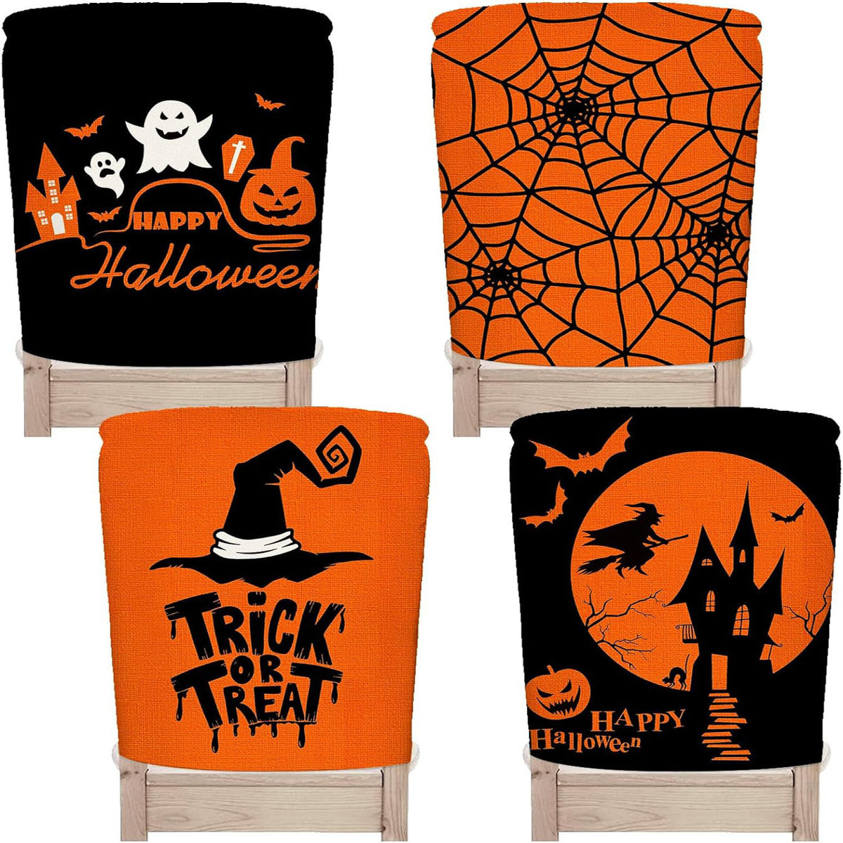 festliche Halloween-Stuhlhussen aus dehnbarem Polyester mit Hexenhut- und Schriftzug-Motiv