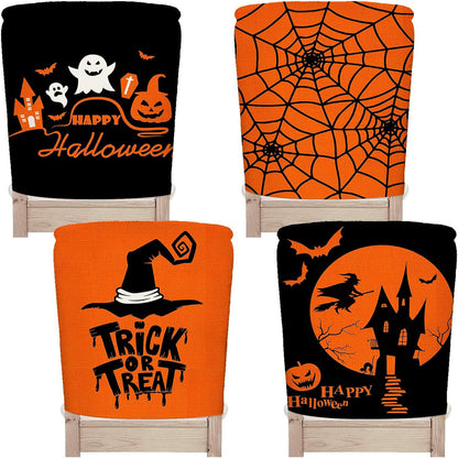 festliche Halloween-Stuhlhussen aus dehnbarem Polyester mit Hexenhut- und Schriftzug-Motiv