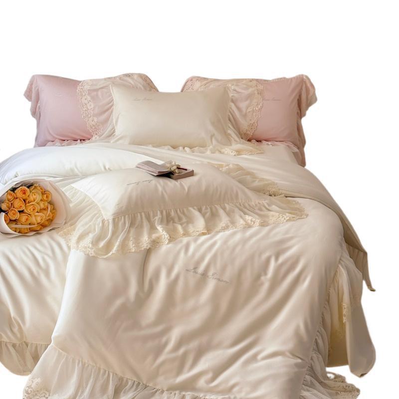 Luxuriöses Satin Rüschkissenbezug-Set mit Spitzenrand