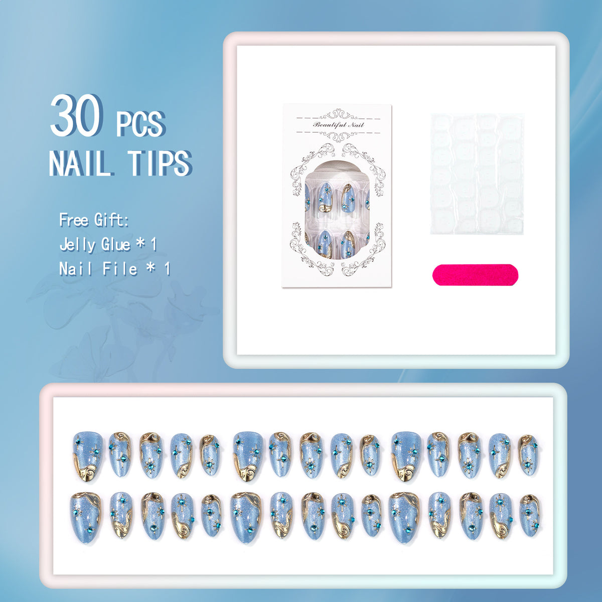 Dekoratives Press-On Nail Art Set mit Glitter und Juwelenakzenten