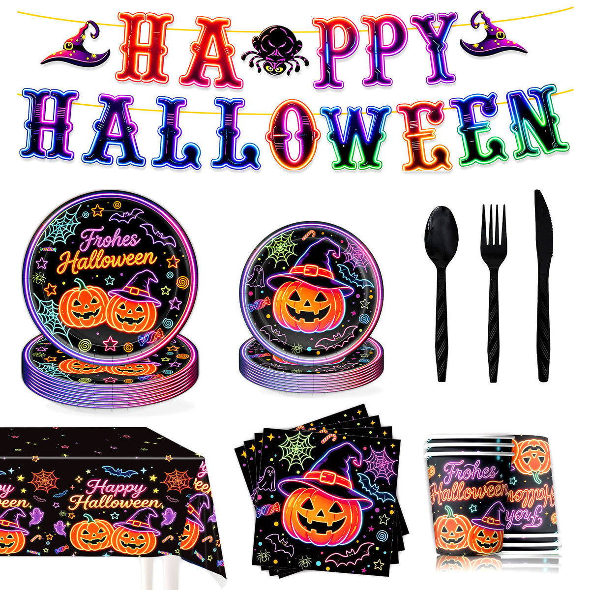Komplettes Halloween-Party-Tischdekor-Set mit Neon-Kürbisdesign Einweggeschirr und Girlande