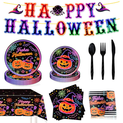 Komplettes Halloween-Party-Tischdekor-Set mit Neon-Kürbisdesign Einweggeschirr und Girlande