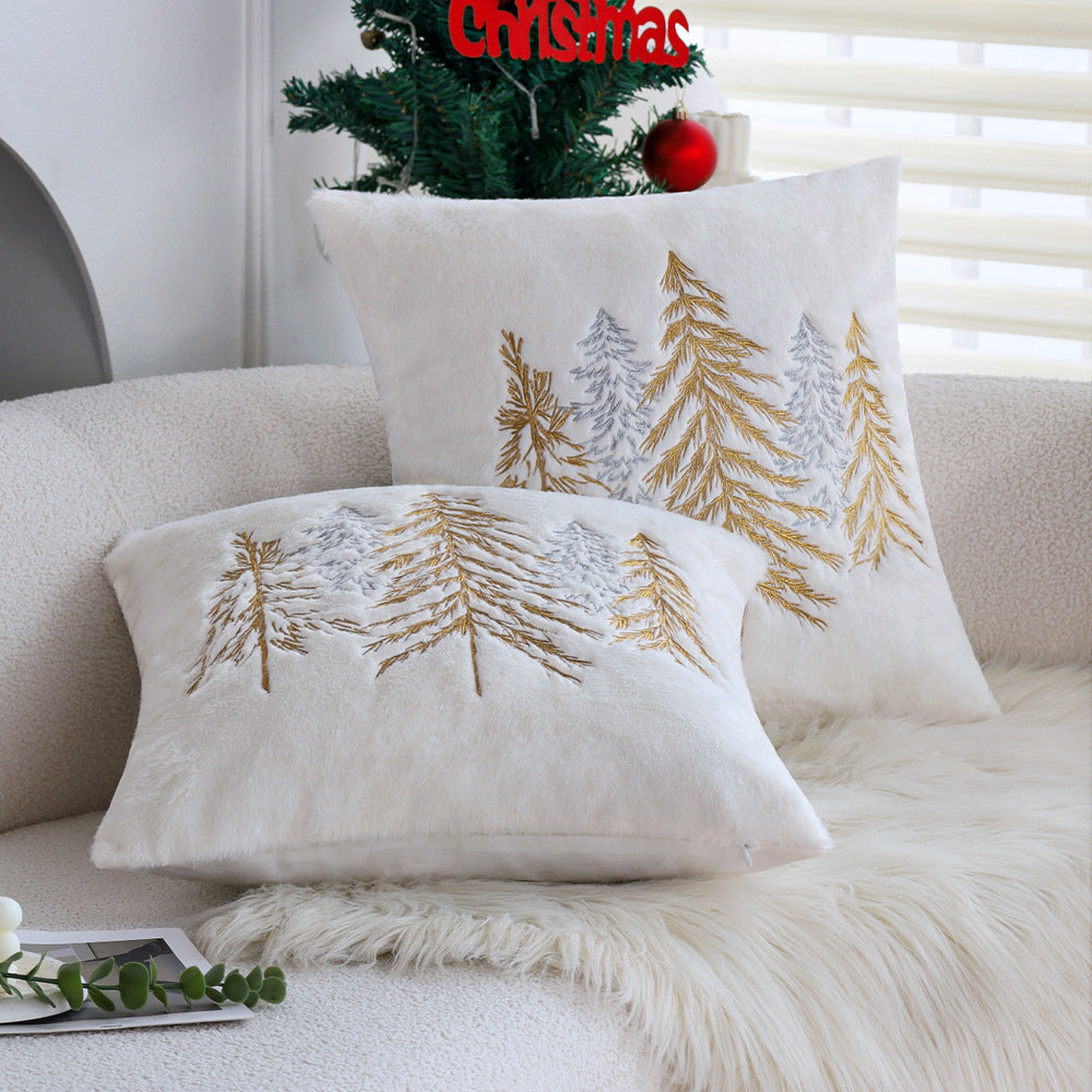 Quadratischer Zierkissenbezug aus Kunstfell mit gesticktem Tannenbaum‑Motiv Brehn